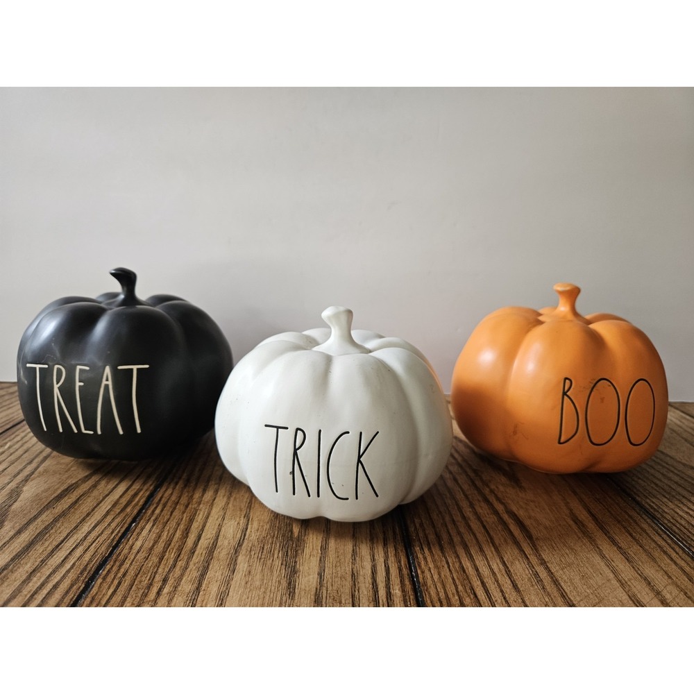 Rae Dunn Halloween Ceramic Pumpkins Set of 3 Trick Treat Boo Black White Orange